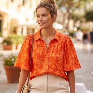 Charter Club LINEN Luxury Floral Blouse Top 70s Style A-line Boho Resort size M